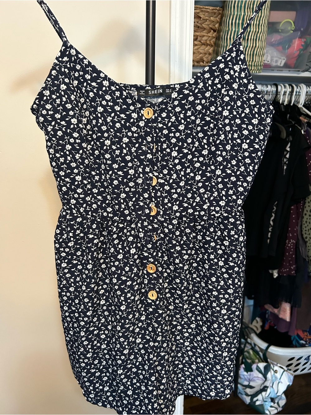 SHEIN Navy & White Floral Button-Front Mini Dress